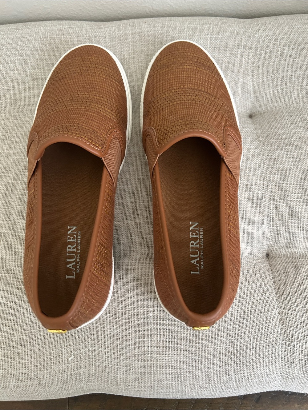 New Lauren Ralph Lauren Brown Knit Slip-On Loafers with White Sole